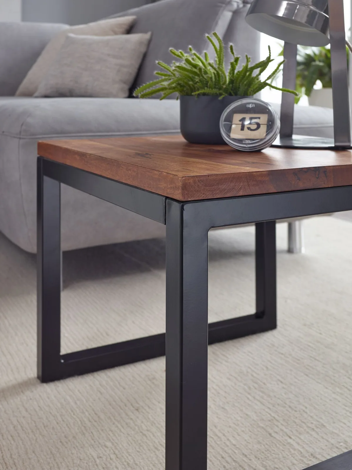 FineBuy Beistelltisch 45x40x45 cm Sheesham Massivholz / Metall Wohnzimmertisch, Industrial Style Designer Holztisch, Tisch Wohnzimmer, Kleiner Couchtisch Massiv