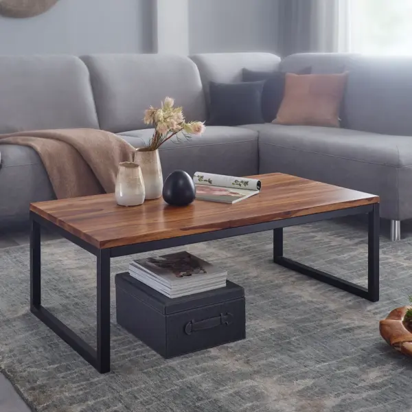FineBuy Couchtisch Sheesham Massivholz 110 cm · Rechteckiger Wohnzimmertisch im Industrial Design mit Metall Kufenbeinen · Handgefertigt & stabil