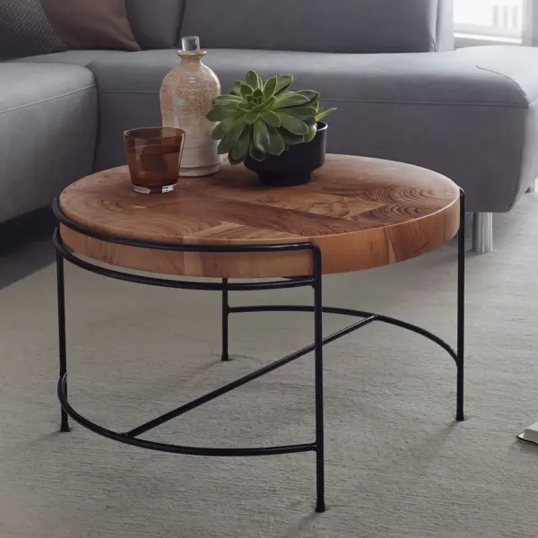 FineBuy Couchtisch Akazie Massivholz rund 62 cm mit Metallgestell · Kleiner Wohnzimmertisch im Baumscheiben Design · Handgefertigt · Industrial & Natur Look