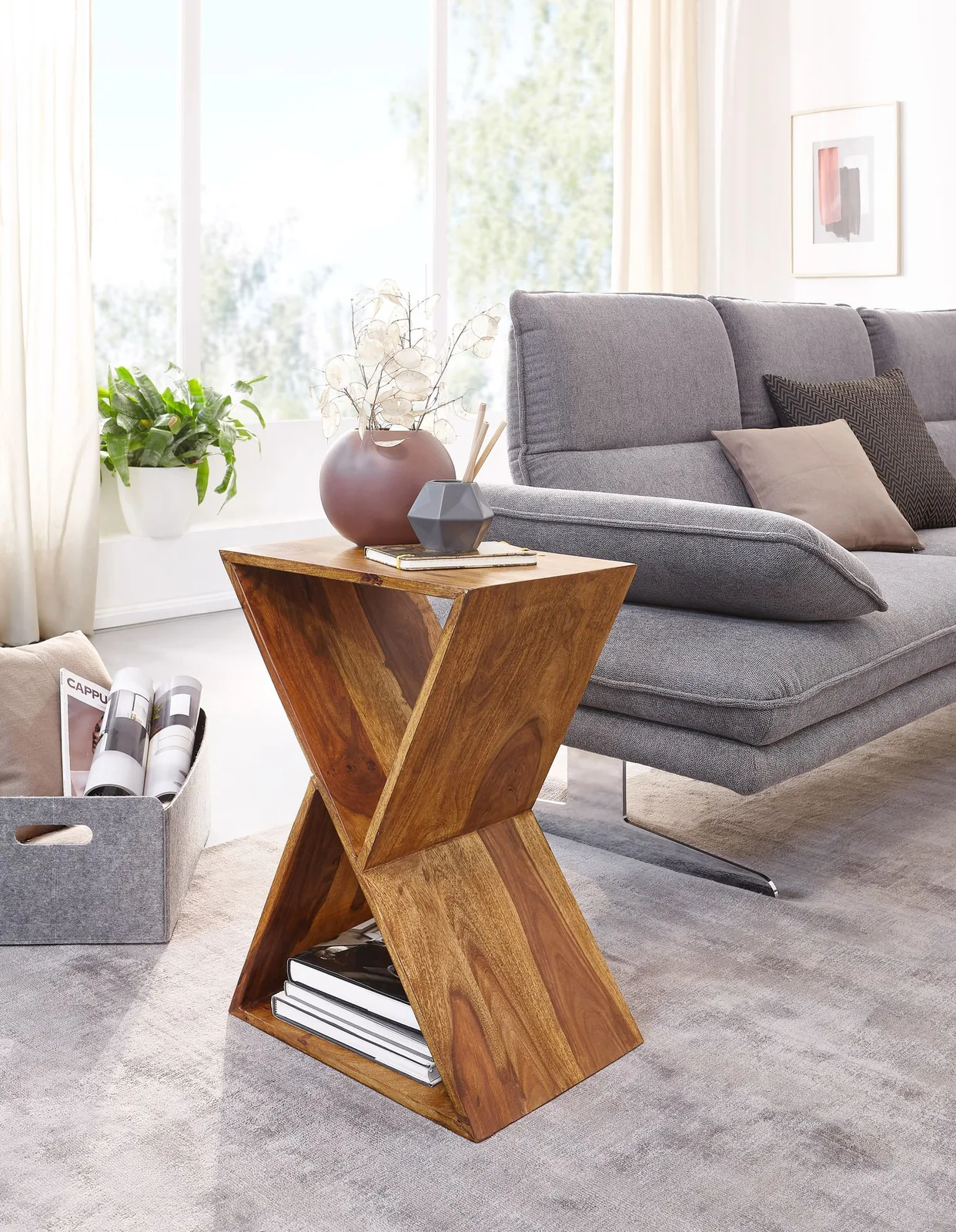 FineBuy Beistelltisch X-Form 43x60x30 cm Sheesham Massivholz Anstelltisch, Tisch Wohnzimmer Massiv, Kleiner Wohnzimmertisch Echtholz, Sofatisch mit Ablagen