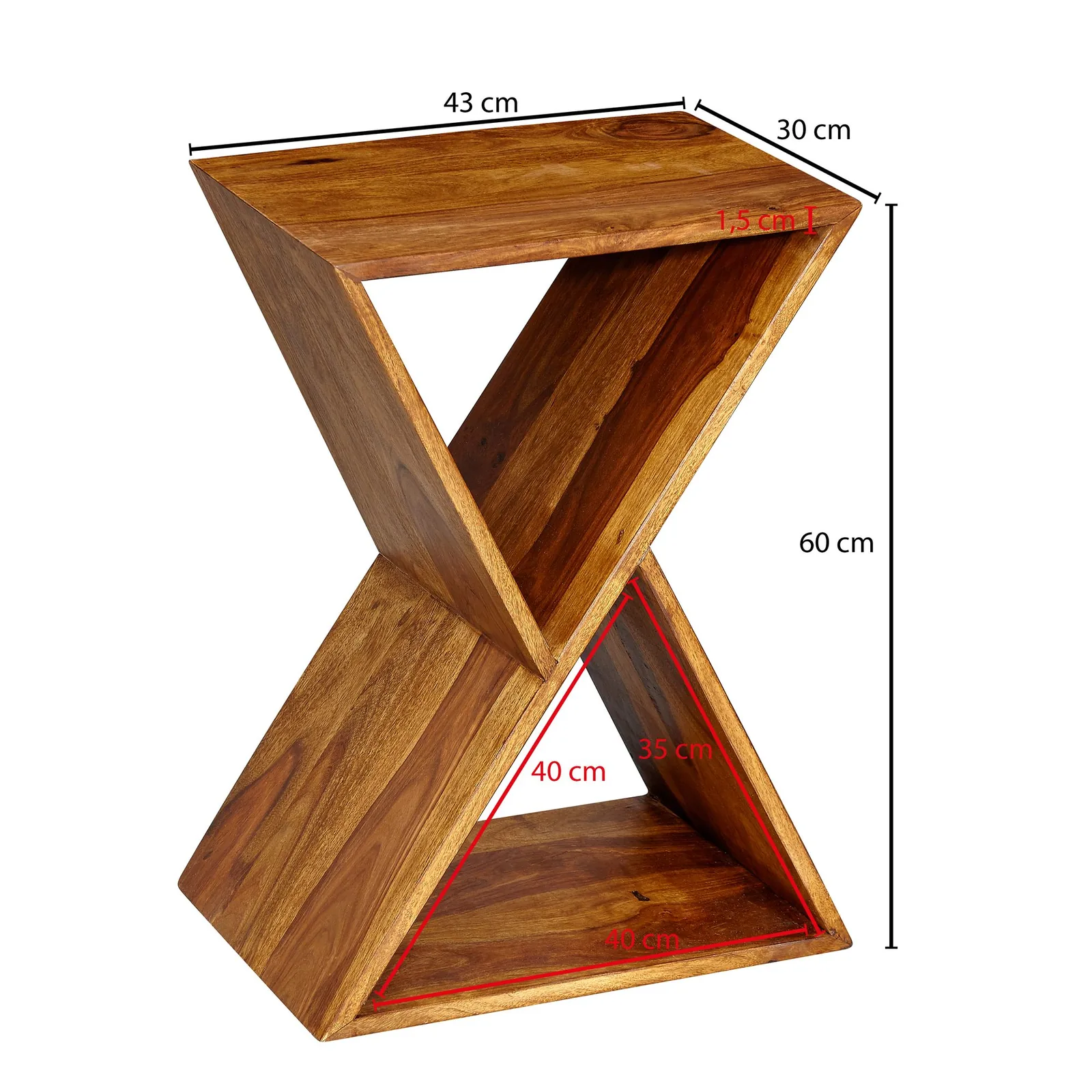 FineBuy Beistelltisch X-Form 43x60x30 cm Sheesham Massivholz Anstelltisch, Tisch Wohnzimmer Massiv, Kleiner Wohnzimmertisch Echtholz, Sofatisch mit Ablagen