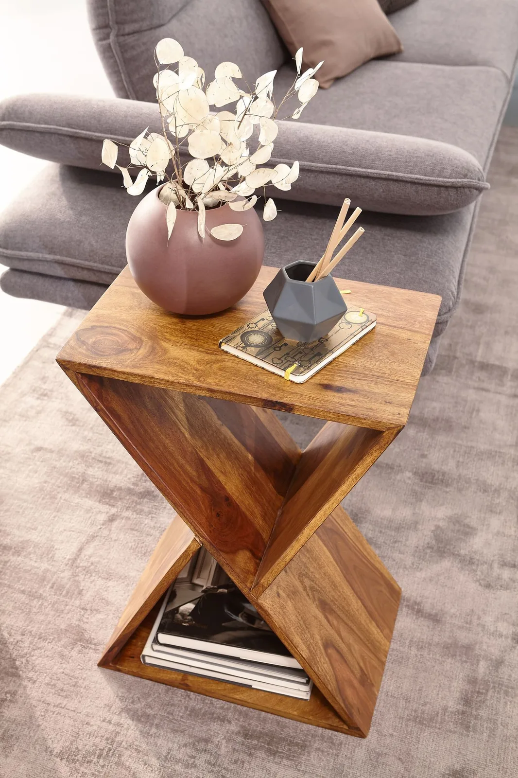 FineBuy Beistelltisch X-Form 43x60x30 cm Sheesham Massivholz Anstelltisch, Tisch Wohnzimmer Massiv, Kleiner Wohnzimmertisch Echtholz, Sofatisch mit Ablagen