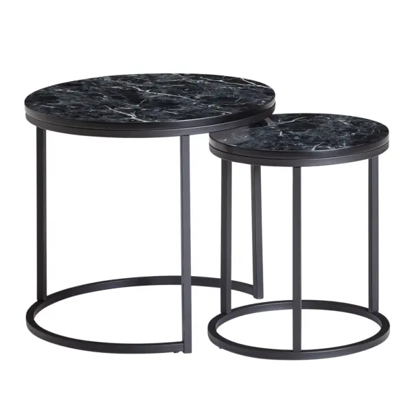FineBuy Design Beistelltisch 2er Set Marmor Optik Rund, Couchtisch 2-teilig Tischgestell Metall, Kleine Wohnzimmertische, Moderne Satztische
