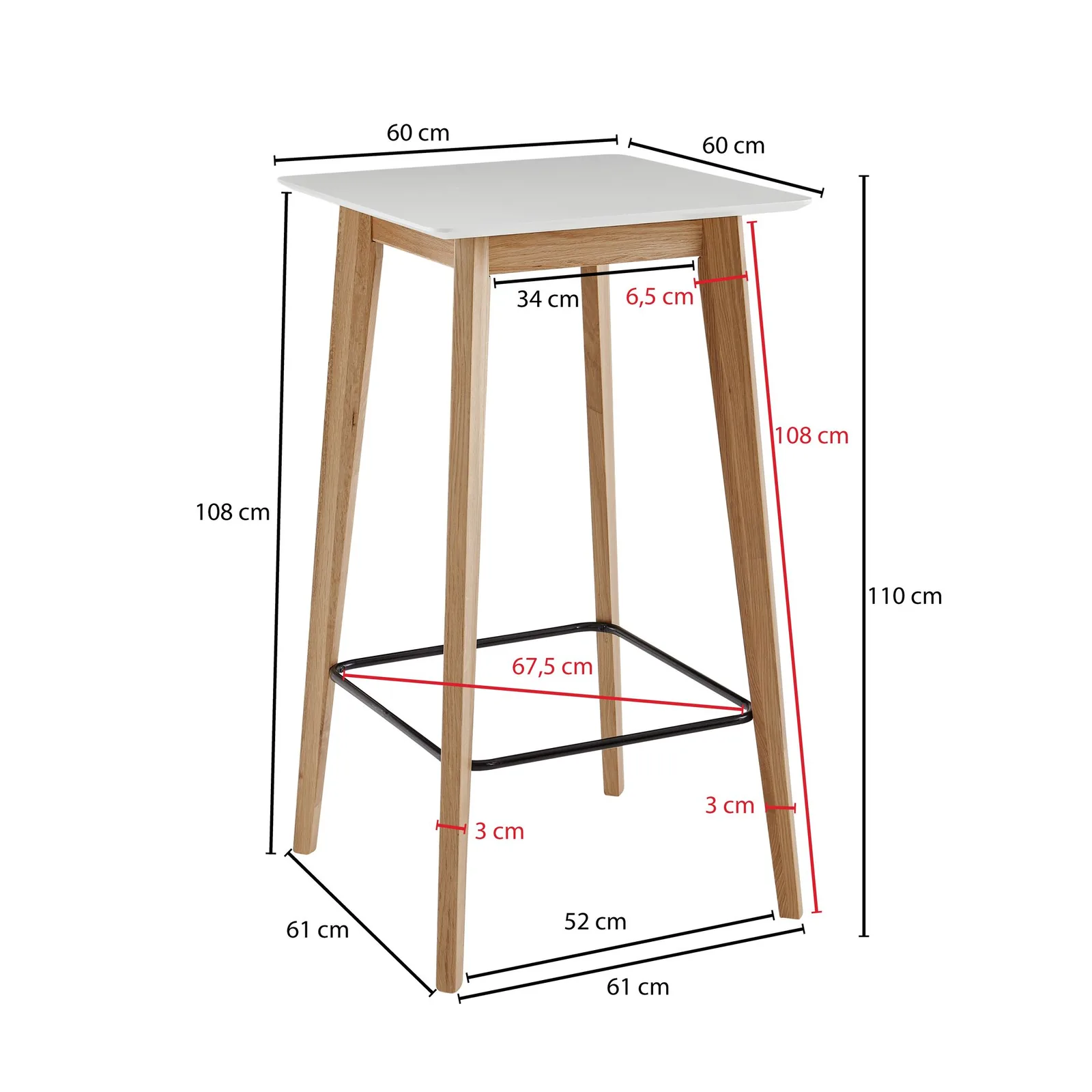 FineBuy Stehtisch 60x110x60 cm Weiß, Bartisch für 4 Personen, Moderner Tisch für Bar, Design Partytisch Holz, Hochtisch Eiche Skandinavisch