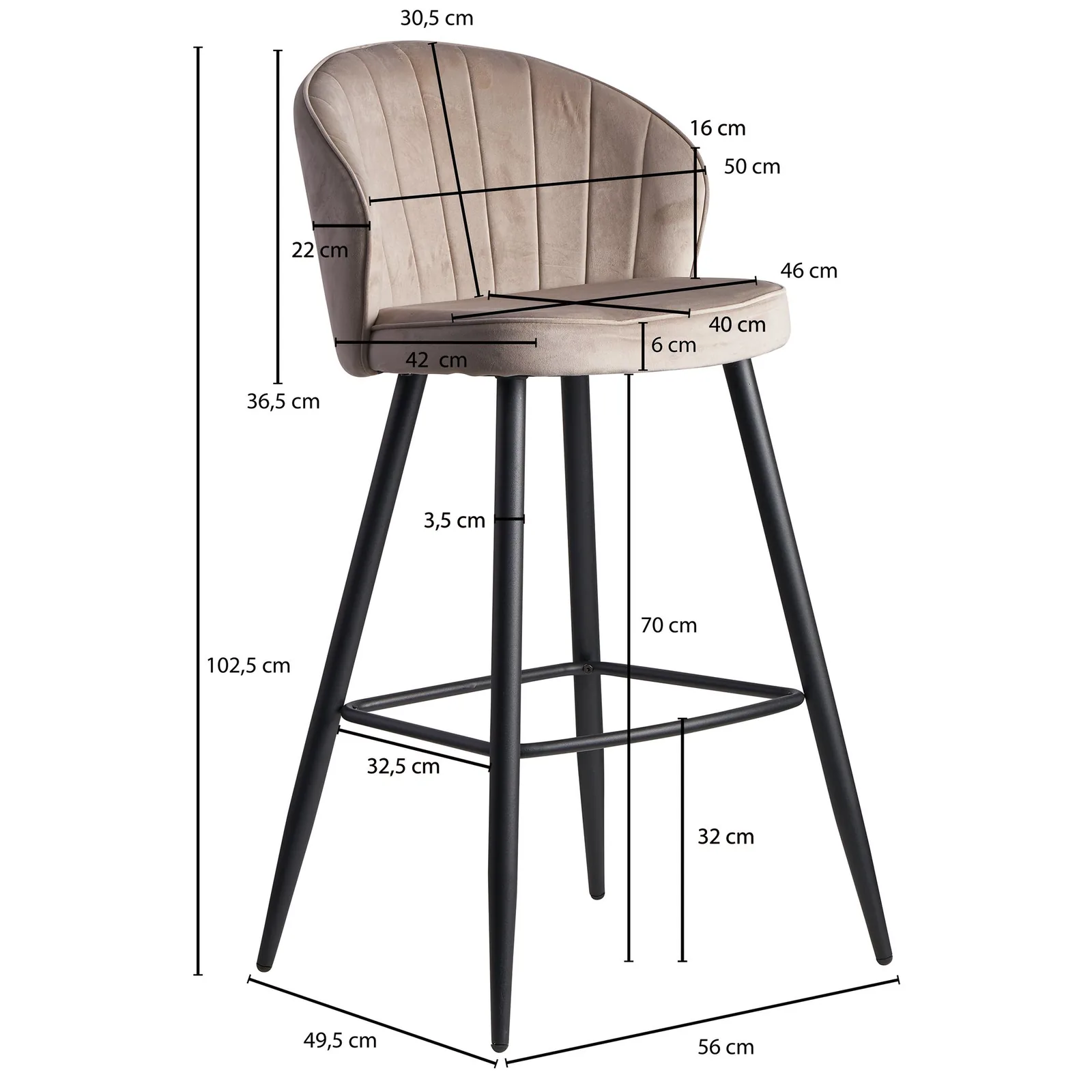 FineBuy Barhocker Samt Hocker mit Lehne, Küchenhocker Skandinavisch Stoff / Metall 110 kg, Design Barstuhl Tresenhocker, Bistrohocker Gepolstert