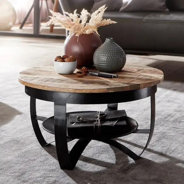 FineBuy Couchtisch 60x34x60 cm Mango Massivholz / Metall Industrial Schwarz Rund, Sofatisch Wohnzimmertisch Massiv, Kleiner Tisch Salontisch Wohnzimmer
