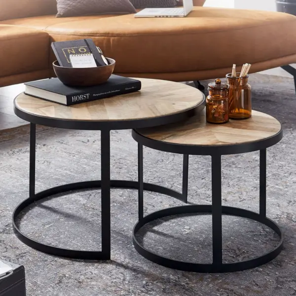 FineBuy Couchtisch 2er Set Massivholz / Metall Wohnzimmertisch Industrial Rund, Beistelltisch mit Metallbeine Schwarz, Tischset 2-teilig Satztisch Holz
