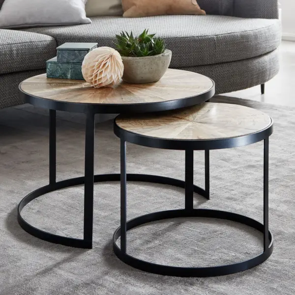 FineBuy Design Couchtisch 2er Set Mango Massivholz Satztisch Rund, Wohnzimmertisch mit Metallbeine Braun, Tischset 2-teilig Satztisch Holz / Metall Schwarz