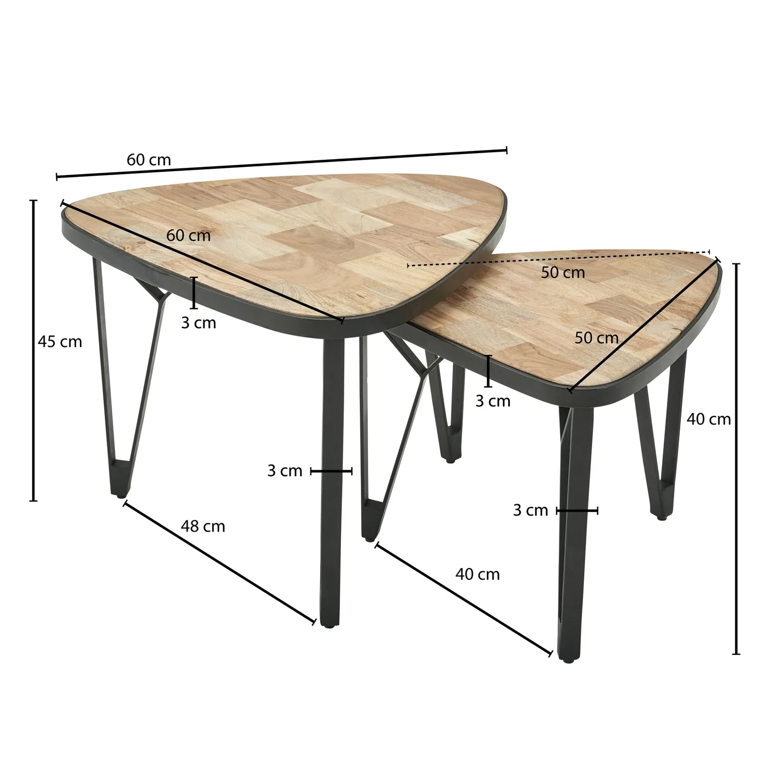 FineBuy Design Couchtisch 2er Set Mango / Akazie Massivholz Satztisch Dreieckig, Wohnzimmertisch Braun mit Metallbeine, Tischset 2-teilig Satztisch Holz / Metall Schwarz