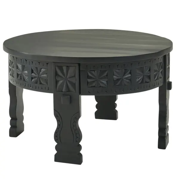 FineBuy Couchtisch Mango Massivholz rund · Handgeschnitzter Wohnzimmertisch im orientalischen Boho Design · Dunkler Massivholztisch