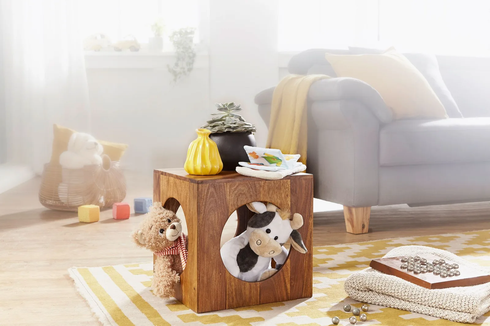FineBuy Beistelltisch Sheesham Massivholz 35x35x35 cm Cube Wohnzimmertisch, Design Aufbewahrungstisch modern, Kleiner Holztisch in Würfel-Form, Quadratischer Dekotisch mit Stauraum