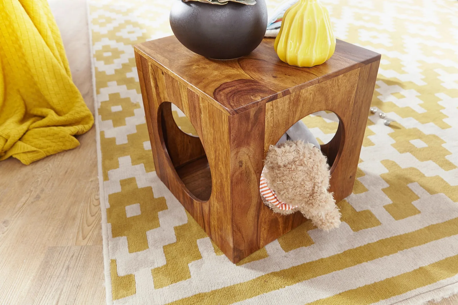 FineBuy Beistelltisch Sheesham Massivholz 35x35x35 cm Cube Wohnzimmertisch, Design Aufbewahrungstisch modern, Kleiner Holztisch in Würfel-Form, Quadratischer Dekotisch mit Stauraum