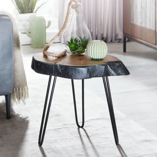 FineBuy Beistelltisch Akazie Massivholz / Metall Industrial 40x40x32cm Baumkante, Wohnzimmertisch Sofatisch Massiv Haarnadelbeine, Kleiner Anstelltisch Tisch Wohnzimmer