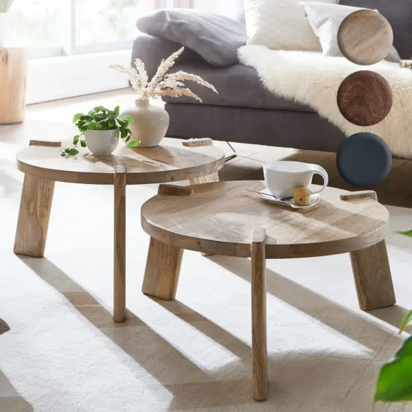 FineBuy Couchtisch Set 2er Mango Massivholz rund Natur · Wohnzimmertisch Beistelltisch im Japandi Design · Handgefertigte Satztische aus Echtholz mit Klarlack