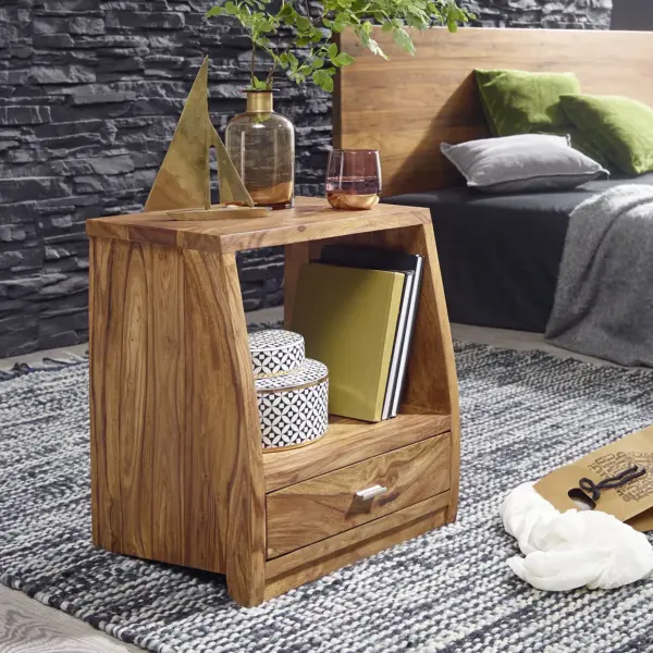 FineBuy Nachtkommode Sheesham Massivholz mit Schublade und Ablage – Nachttisch im Landhaus Design, handgefertigt aus Echtholz – Boxspring Nachtkästchen 45x40x53 cm