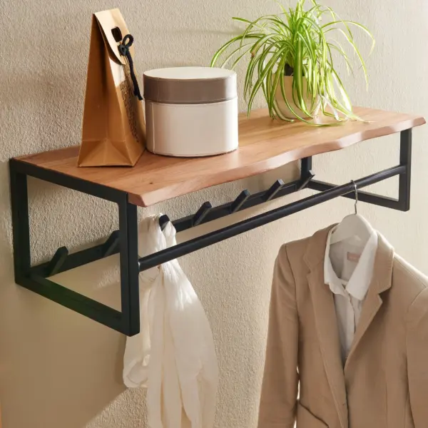 FineBuy Wandgarderobe Akazie Massivholz 80 cm mit Ablage - Industrial Garderobenpaneel mit Hutablage - Wand Garderobenleiste Hakenleiste - 7 Metall Kleiderhaken & Kleiderstange