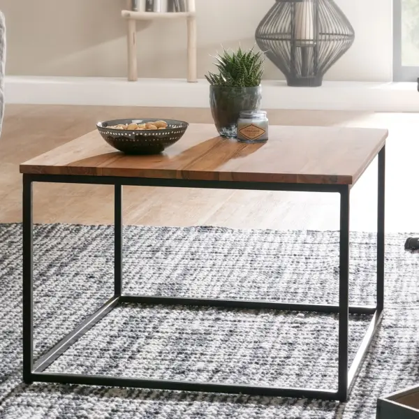 FineBuy Couchtisch quadratisch 60x60 cm Akazie Massivholz · Wohnzimmertisch mit schwarzem Metallgestell · Handgefertigt im Industrial Design · Natürlich & robust