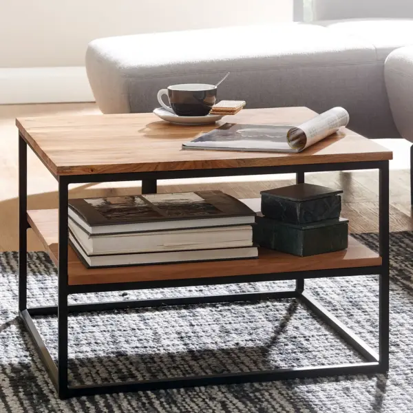 FineBuy Couchtisch quadratisch 60x60 cm Akazie Massivholz · Wohnzimmertisch mit Metallgestell & 2 Ablageflächen · Handgefertigt & lackiert im Industrial Design