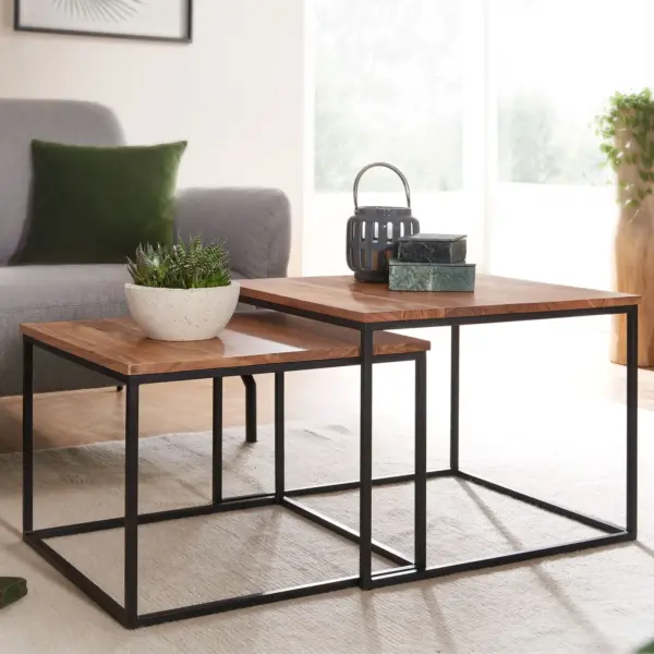 FineBuy Couchtisch 2er Set Akazie Massivholz quadratisch · Wohnzimmertisch Set mit schwarzem Metallgestell · Handgefertigte Beistelltische im modernen Industrial Design Satztisch
