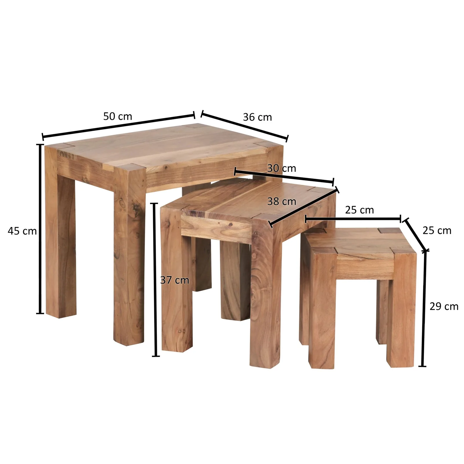FineBuy 3er Set Satztisch Massiv-Holz Akazie Wohnzimmer-Tisch Landhaus-Stil Beistelltisch dunkel-braun Naturholz