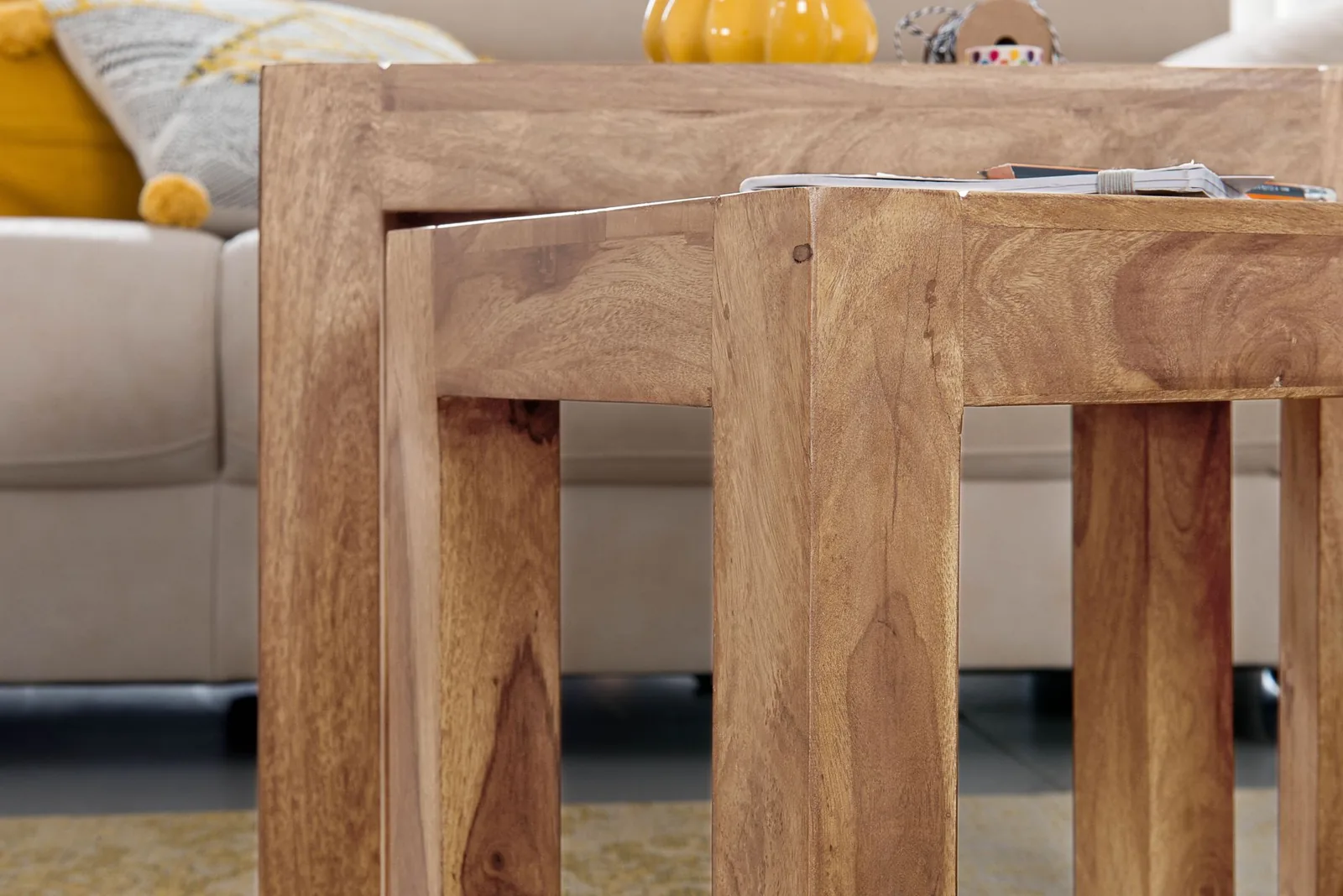 FineBuy 3er Set Satztisch Massiv-Holz Akazie Wohnzimmer-Tisch Landhaus-Stil Beistelltisch dunkel-braun Naturholz