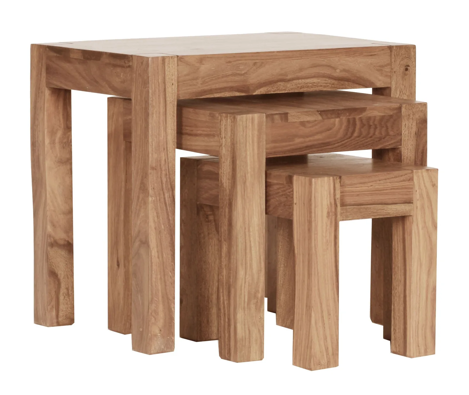 FineBuy 3er Set Satztisch Massiv-Holz Akazie Wohnzimmer-Tisch Landhaus-Stil Beistelltisch dunkel-braun Naturholz