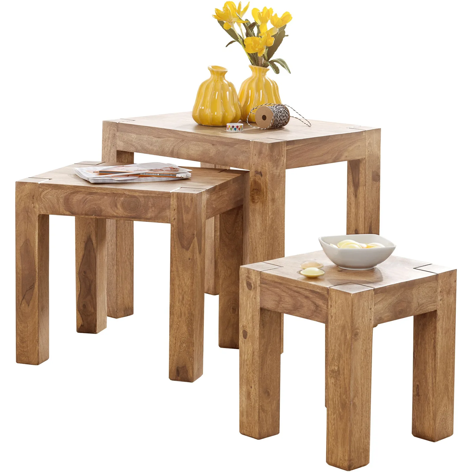 FineBuy 3er Set Satztisch Massiv-Holz Akazie Wohnzimmer-Tisch Landhaus-Stil Beistelltisch dunkel-braun Naturholz