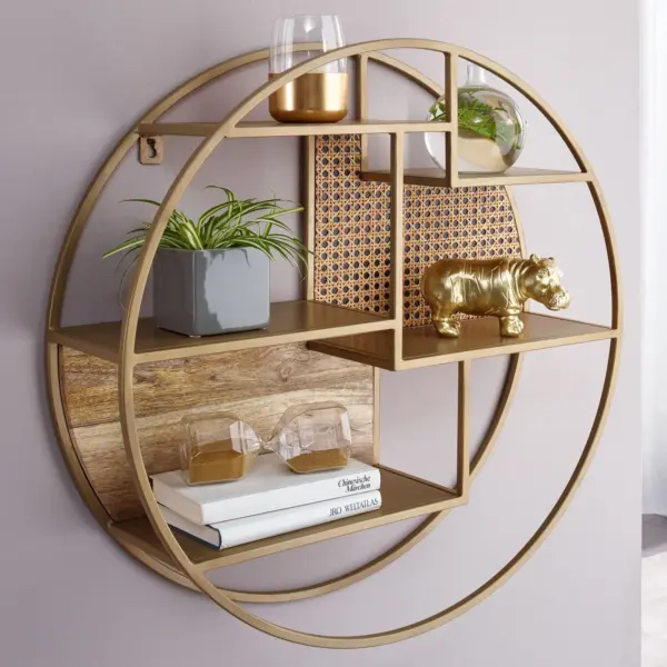 FineBuy Wandregal Rattan 62x62x17 cm Hängeregal Massivholz / Metall Industrial, Schweberegal Wiener Geflecht Rund Wand, Regal Hängend Offen Wohnzimmer