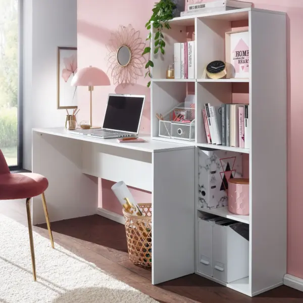 FineBuy Schreibtisch mit Regal Weiß 170x59x143,5 cm Bürotisch Modern, Laptoptisch mit 6 Ablagen, Homeoffice Computertisch mit Stauraum