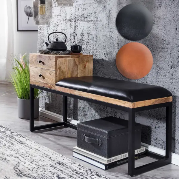 FineBuy gepolsterte Sitzbank 100 cm Massivholz Echtleder Schwarz mit Schublade - Retro Polsterbank für Garderobe, Schlafzimmer, Wohnzimmer - Garderobenbank Eingangsbereich