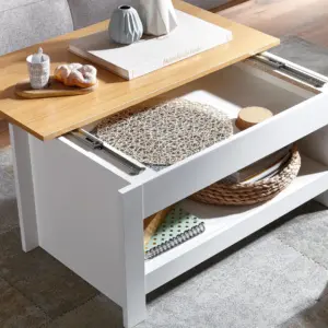 FineBuy Couchtisch Weiß / Eiche 85x47x45 cm Wohnzimmertisch mit Stauraum, Design Sofatisch mit Ablagefach Modern, Kaffeetisch Loungetisch Eckig