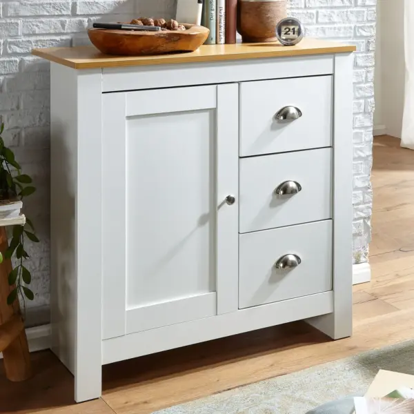 FineBuy Sideboard mit 3 Schubladen 79x81x35 cm Kommode Weiß / Eiche Modern, Design Anrichte Hoch mit Tür, Schubladenkommode Wohnzimmer