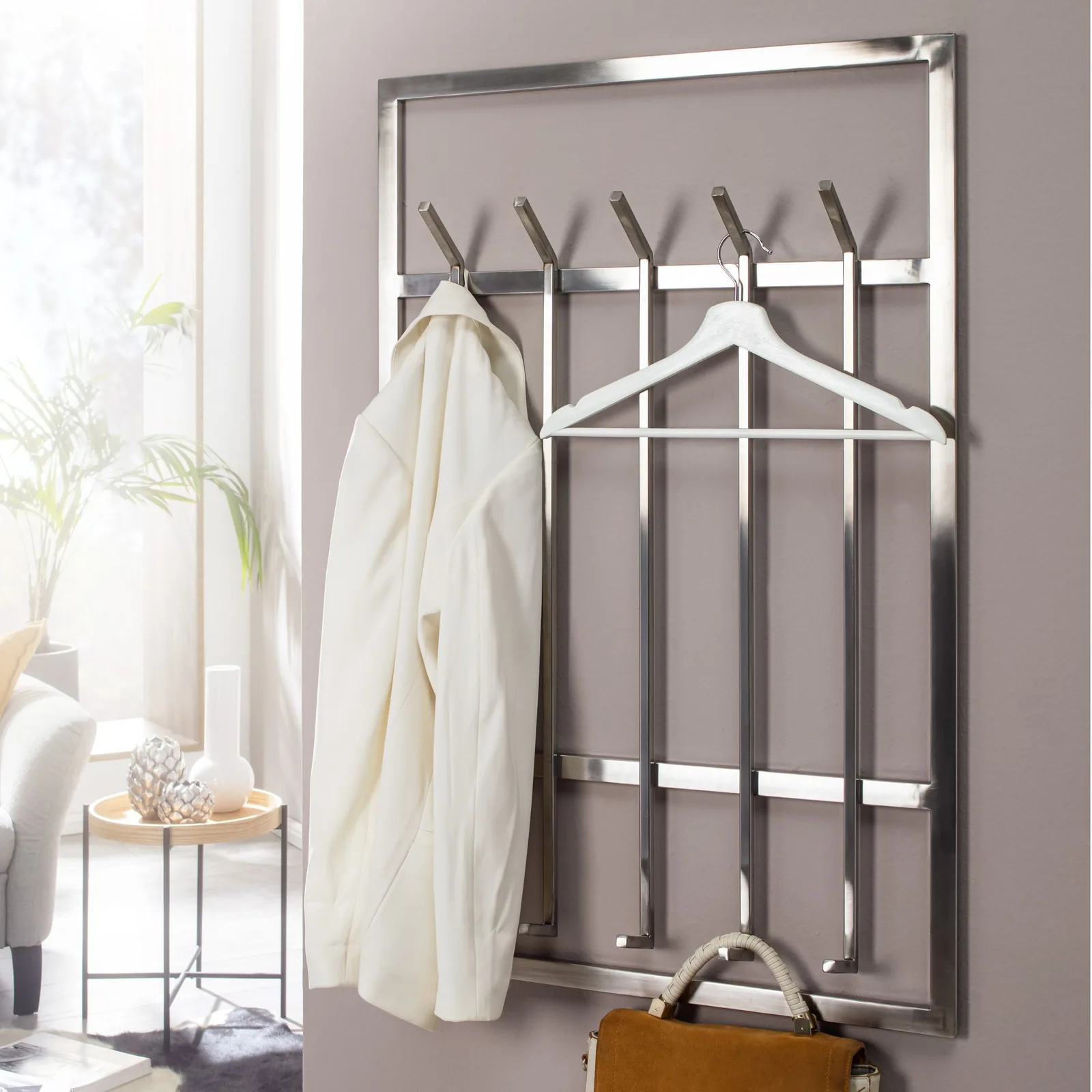 FineBuy Wandgarderobe Metall Silber 60 x 100 cm - Design Garderobenpaneel - Wand Garderobenleiste mit Hakenleiste - 10 Kleiderhaken