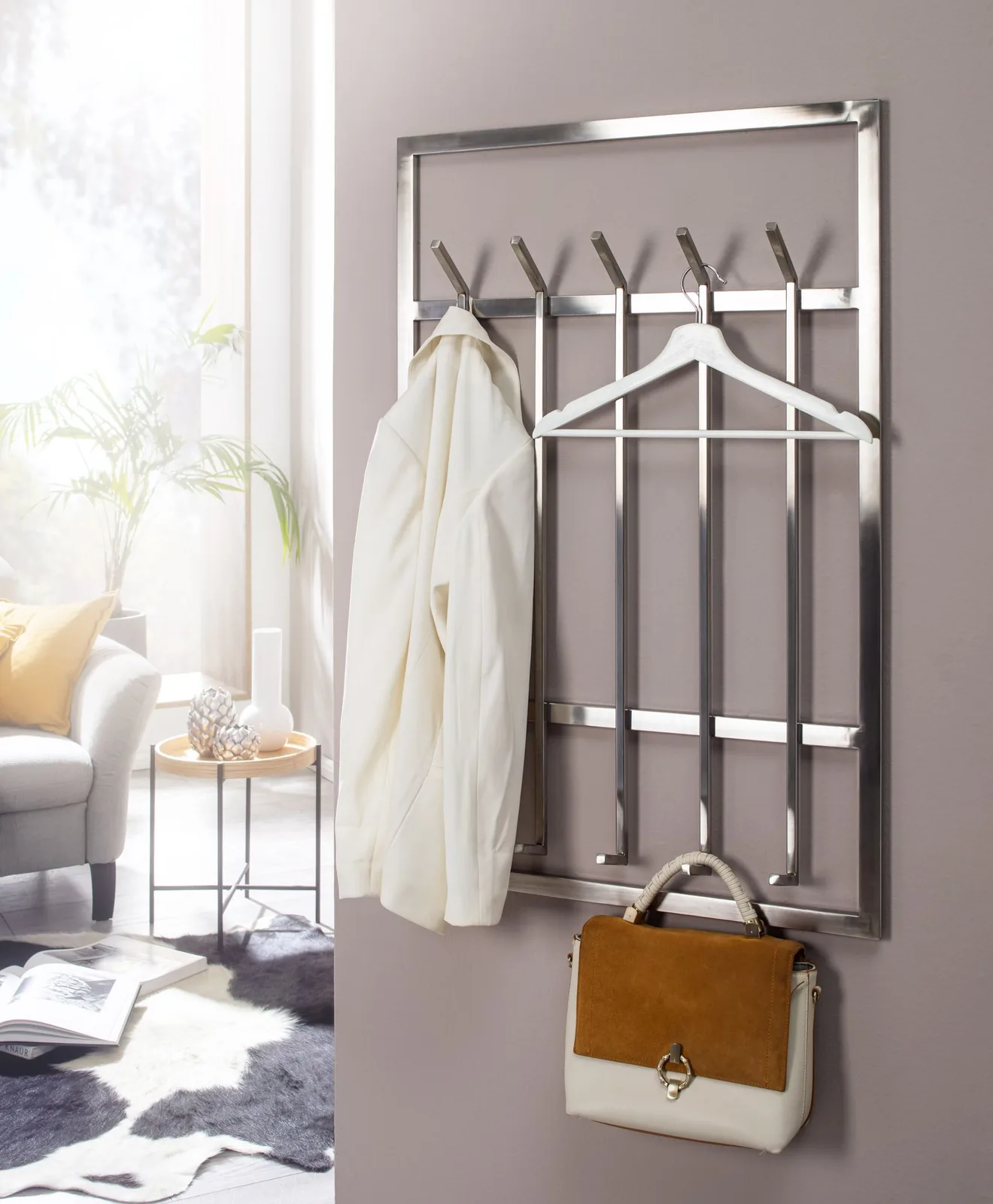 FineBuy Wandgarderobe Metall Silber 60 x 100 cm - Design Garderobenpaneel - Wand Garderobenleiste mit Hakenleiste - 10 Kleiderhaken