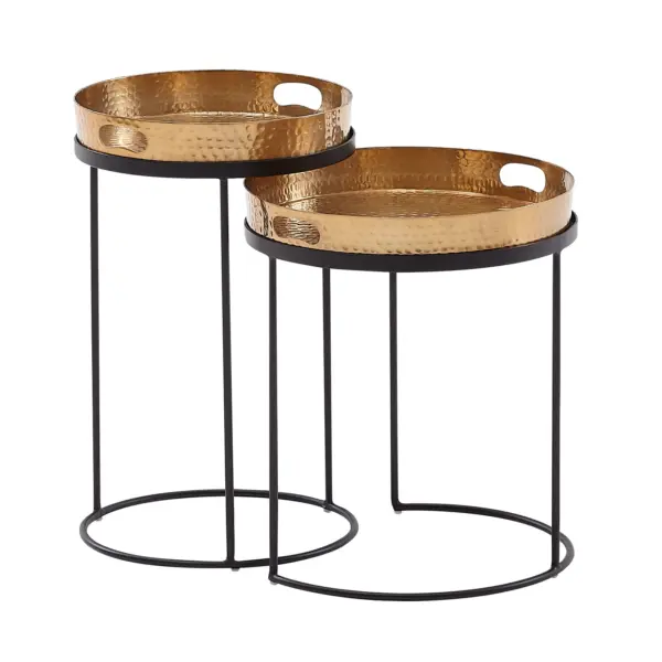 FineBuy Beistelltisch 2er Set Metall Hammerschlag Satztisch Rund, Couchtisch abnehmbares Tablett, Tabletttisch Sofa 2 teilig Modern, Runder Sofatisch