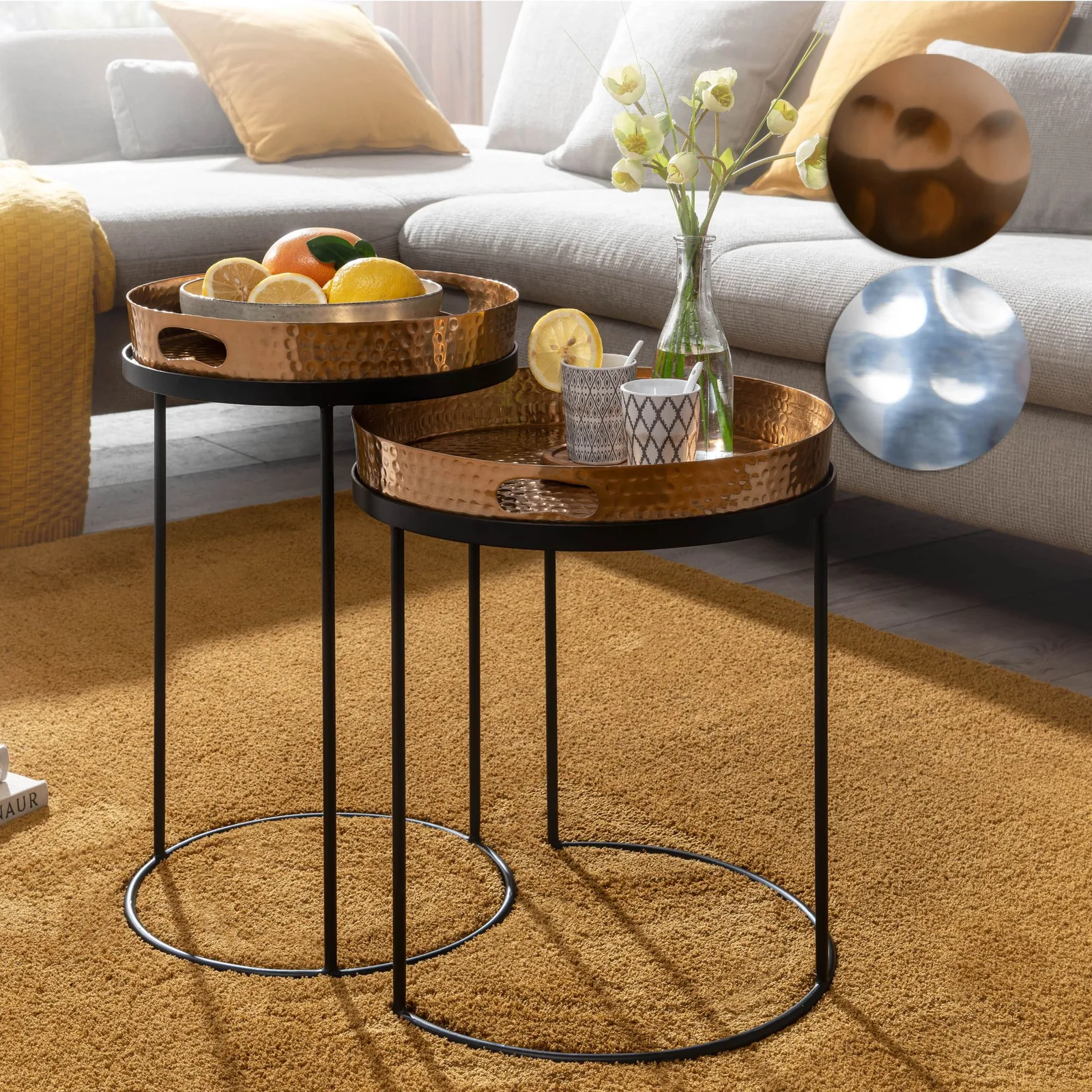 FineBuy Beistelltisch 2er Set Metall Hammerschlag Satztisch Rund, Couchtisch abnehmbares Tablett, Tabletttisch Sofa 2 teilig Modern, Runder Sofatisch