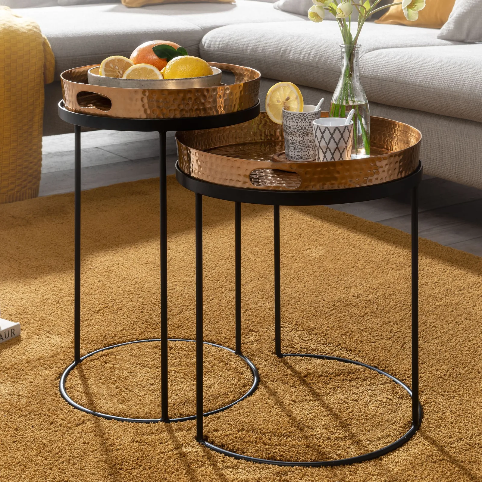 FineBuy Beistelltisch 2er Set Metall Hammerschlag Satztisch Rund, Couchtisch abnehmbares Tablett, Tabletttisch Sofa 2 teilig Modern, Runder Sofatisch