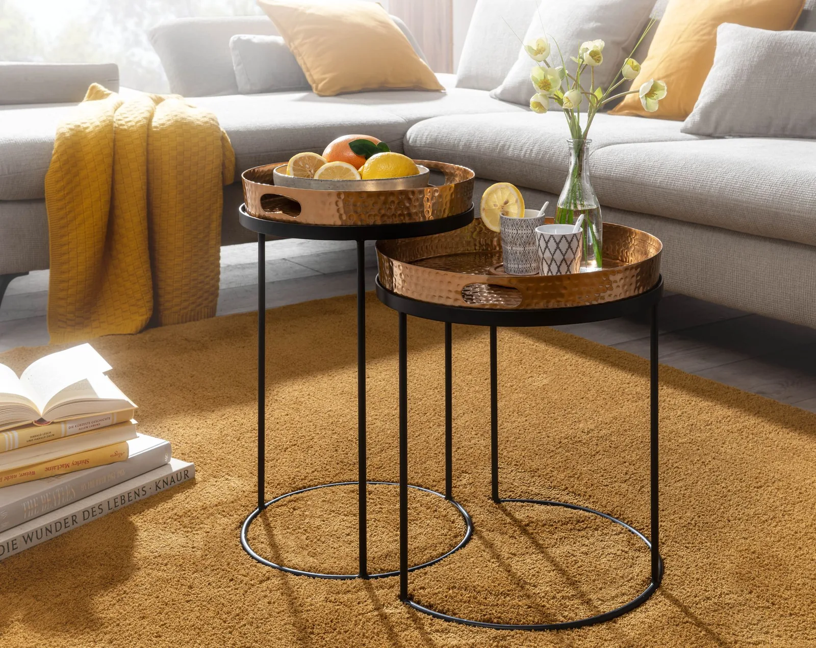 FineBuy Beistelltisch 2er Set Metall Hammerschlag Satztisch Rund, Couchtisch abnehmbares Tablett, Tabletttisch Sofa 2 teilig Modern, Runder Sofatisch