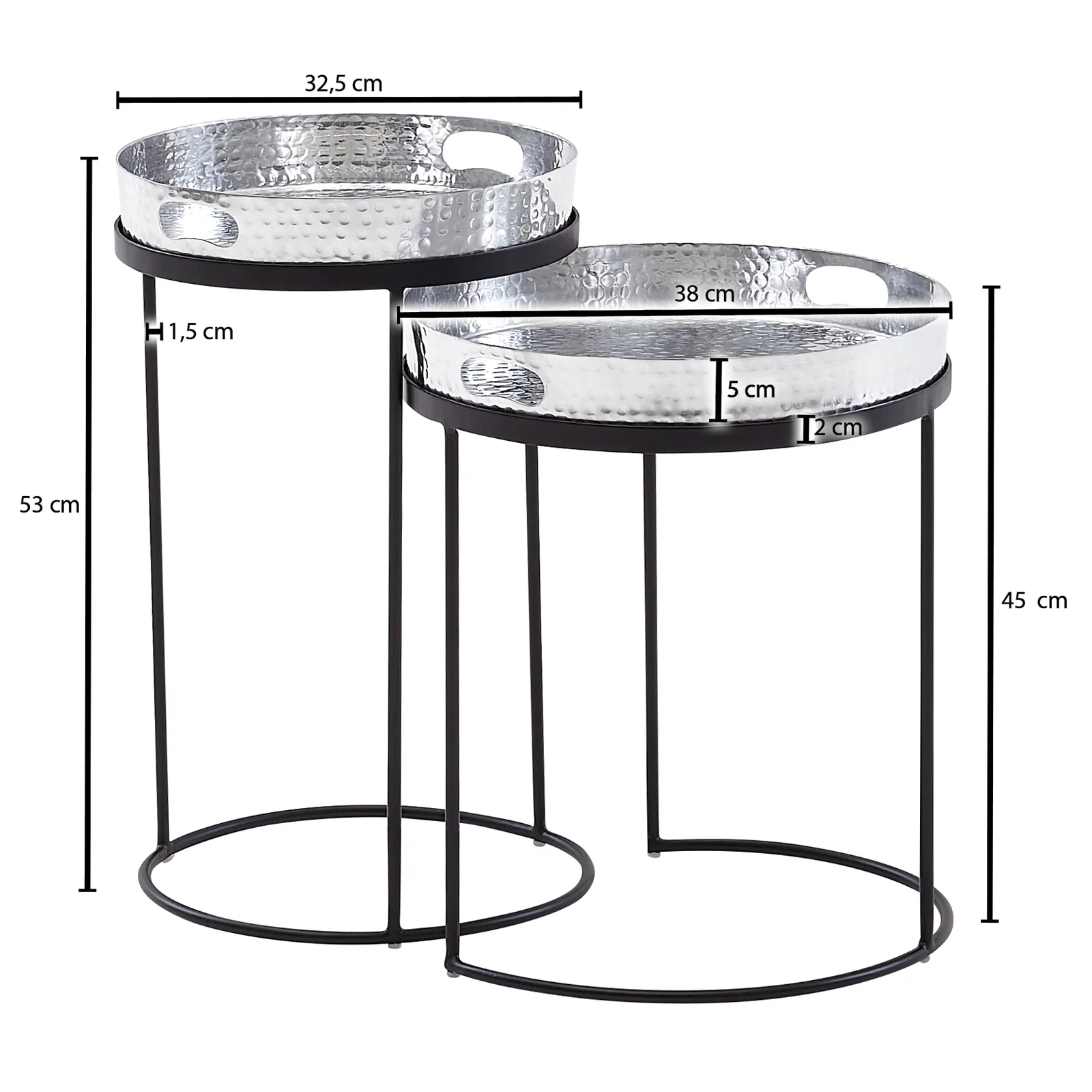 FineBuy Beistelltisch 2er Set Metall Hammerschlag Satztisch Rund, Couchtisch abnehmbares Tablett, Tabletttisch Sofa 2 teilig Modern, Runder Sofatisch