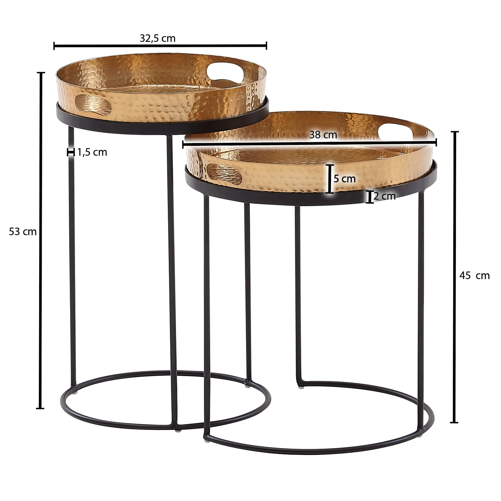FineBuy Beistelltisch 2er Set Metall Hammerschlag Satztisch Rund, Couchtisch abnehmbares Tablett, Tabletttisch Sofa 2 teilig Modern, Runder Sofatisch