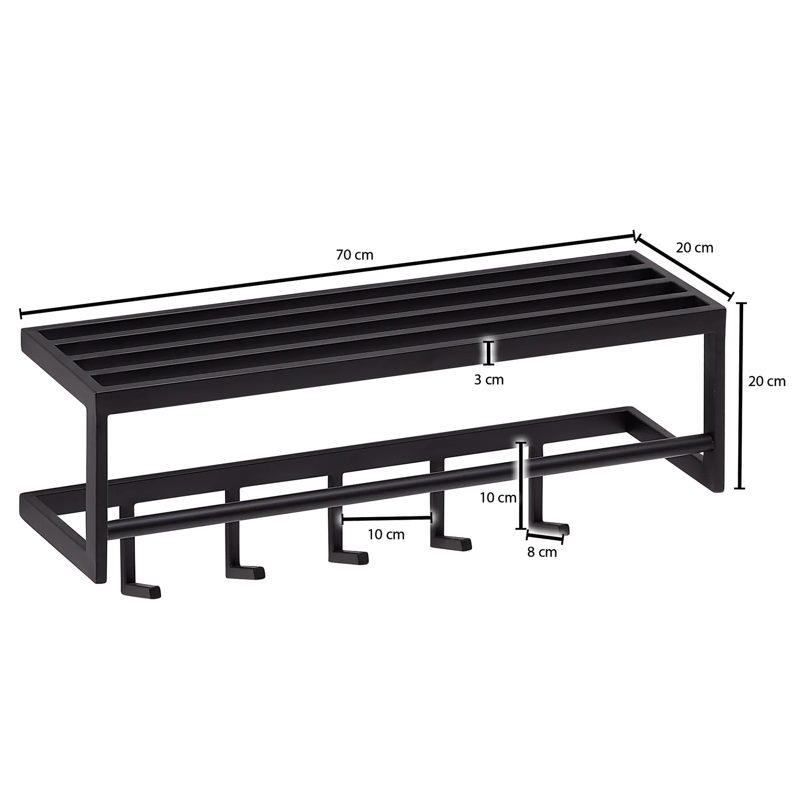 FineBuy Wandgarderobe Metall Schwarz 70 cm mit Ablage - Design Garderobenpaneel mit Hutablage - Wand Garderobenleiste mit Hakenleiste - 5 Kleiderhaken