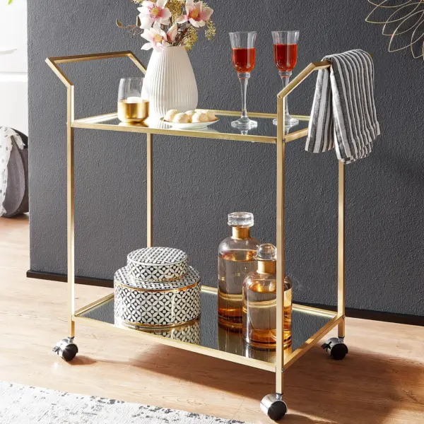 FineBuy goldener Design Servierwagen mit 2 Glasablagen, gebremste Rollen, Rollwagen, Barwagen, Teewagen, Weinwagen für Küche, Esszimmer, Bar Trolley