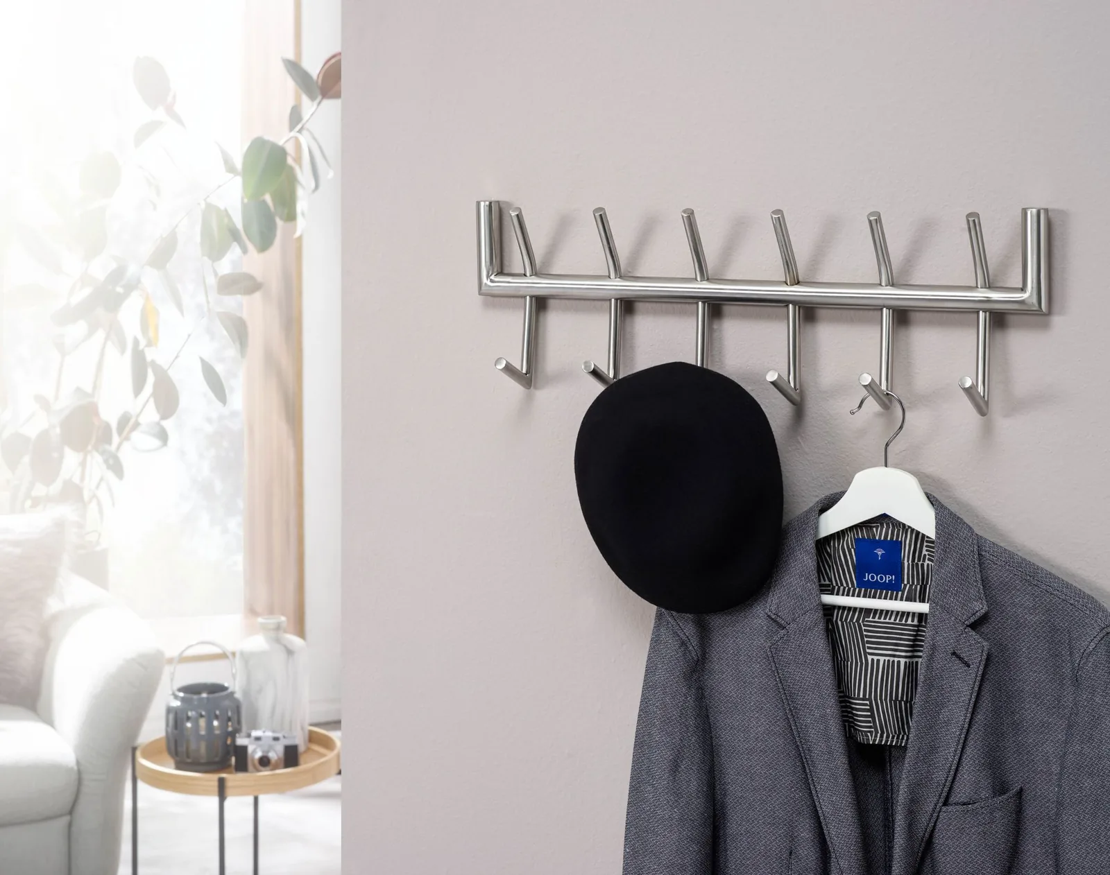 FineBuy Wandgarderobe Metall Silber 60 cm - Design Garderobenpaneel - Wand Garderobenleiste mit Hakenleiste - 6 Kleiderhaken