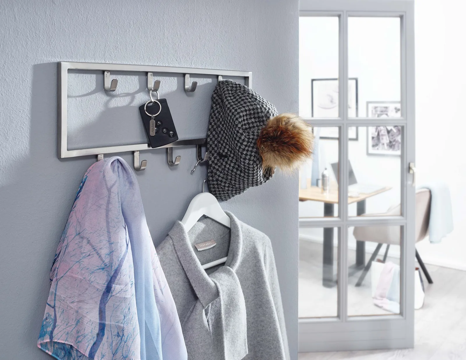 FineBuy Wandgarderobe Metall Silber - Design Garderobenpaneel - Wand Garderobenleiste mit Hakenleiste - Kleiderhaken