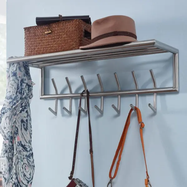 FineBuy Wandgarderobe Metall Silber 75 cm mit Ablage - Design Garderobenpaneel mit Hutablage - Wand Garderobenleiste mit Hakenleiste - 7 Kleiderhaken