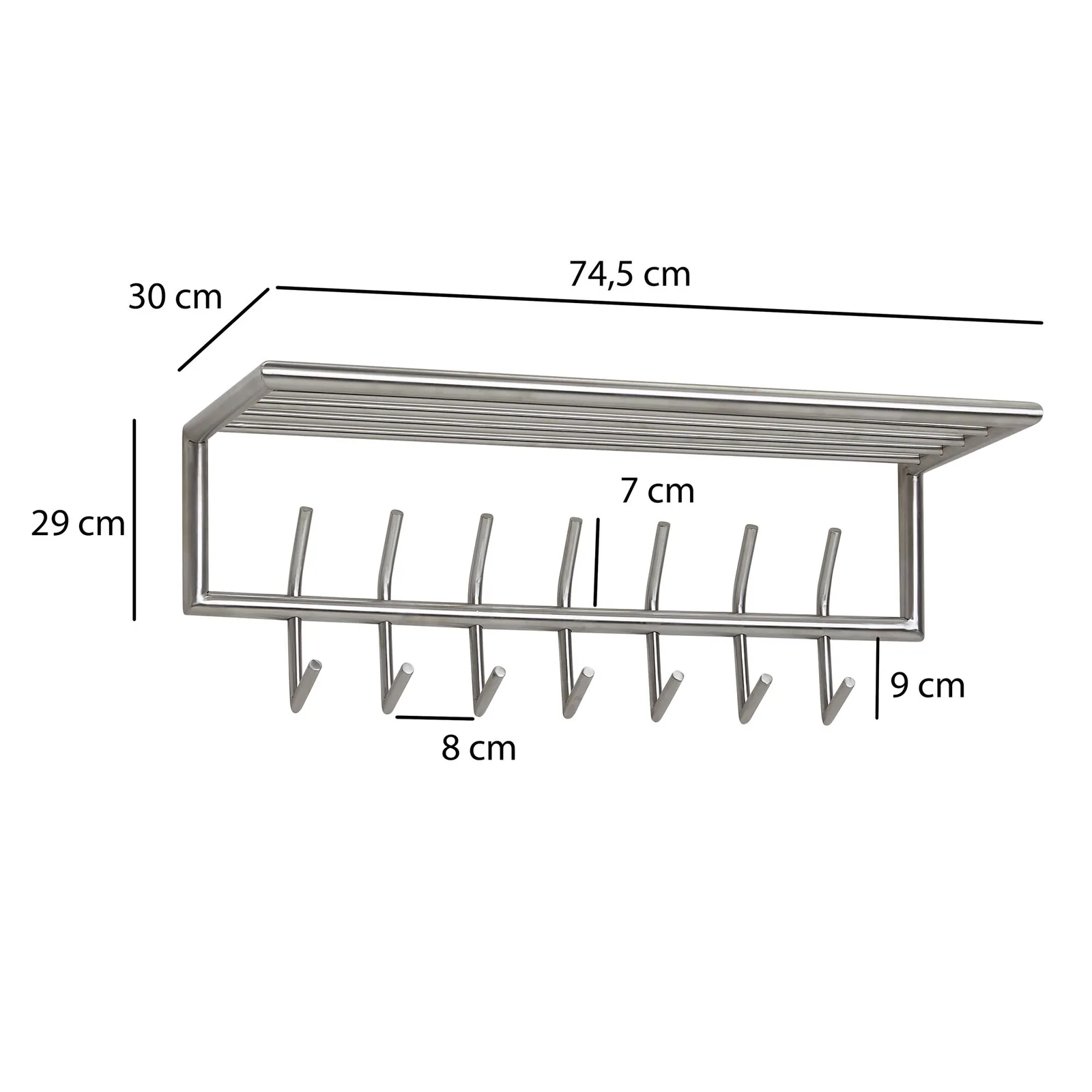 FineBuy Wandgarderobe Metall Silber 75 cm mit Ablage - Design Garderobenpaneel mit Hutablage - Wand Garderobenleiste mit Hakenleiste - 7 Kleiderhaken