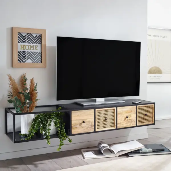 FineBuy Lowboard Hängend Mango Massivholz / Metall 150x25x35 cm TV-Schrank Schwarz, Design Fernsehtisch Wiener Geflecht Modern, Fernsehschrank Wand, TV-Kommode Fernsehkommode zum Aufhängen