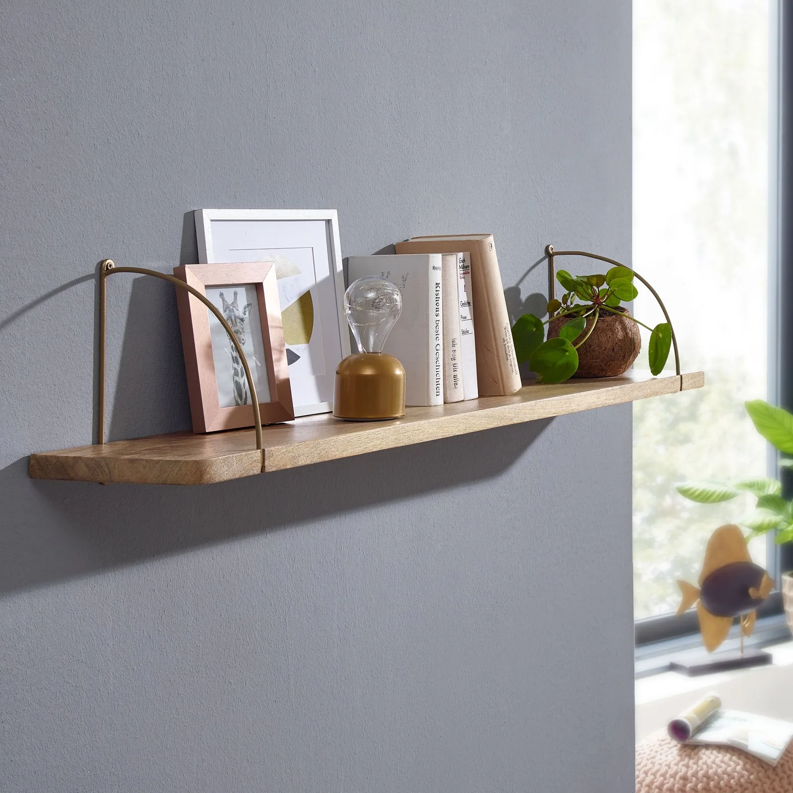 FineBuy Wandregal Mango Massivholz / Metall Hängeregal Industrial, Design Schweberegal, Regal Hängend Wohnzimmer, Bücherregal Wand