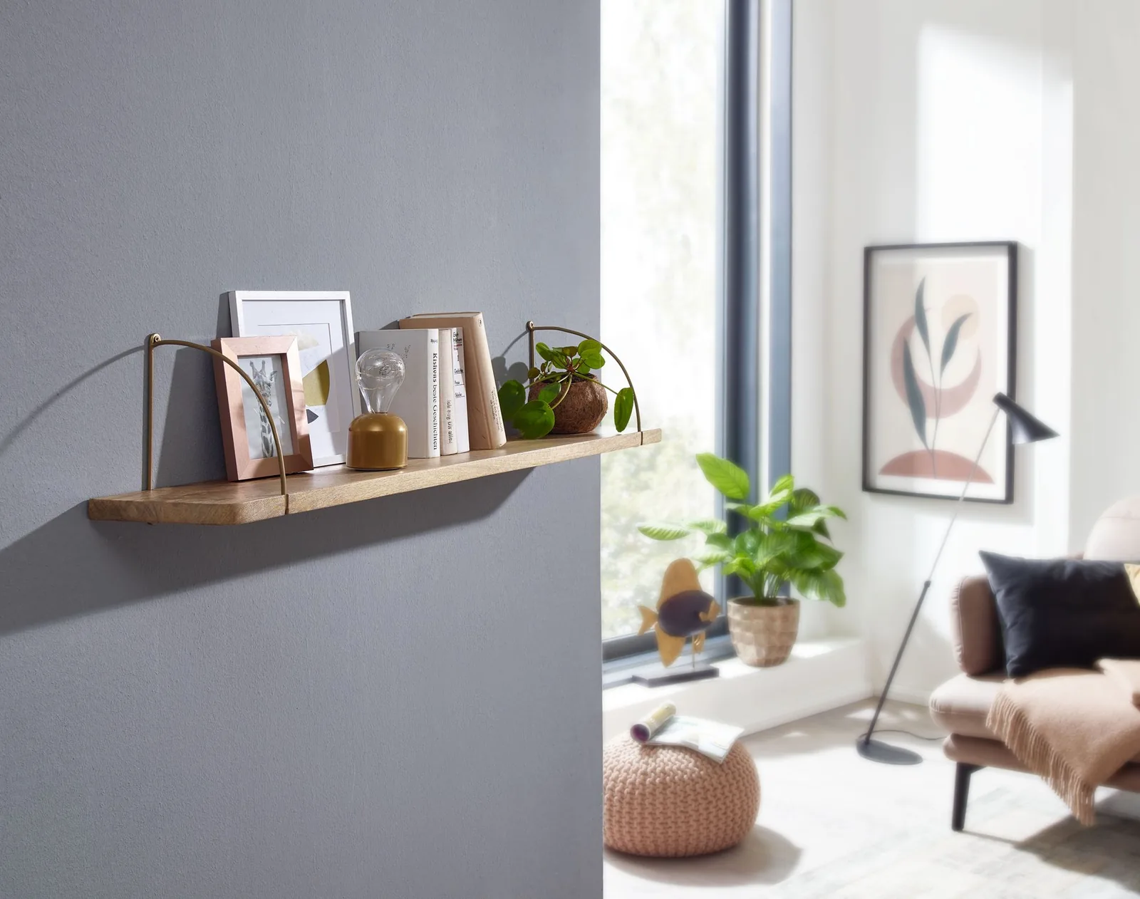FineBuy Wandregal Mango Massivholz / Metall Hängeregal Industrial, Design Schweberegal, Regal Hängend Wohnzimmer, Bücherregal Wand