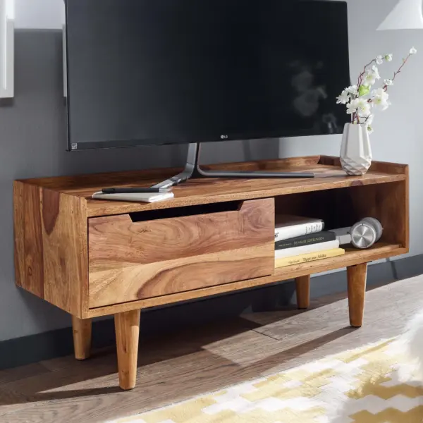 FineBuy Lowboard Sheesham Massivholz 95x44x34 cm TV-Kommode mit Schiebetür, Design TV-Schrank Hoch, Fernsehtisch Fernsehschrank Modern, Fernsehkommode Wohnzimmer